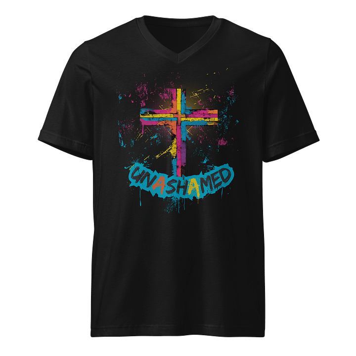 Unashamed Ro 1:16 Cross V-Neck T-Shirt - Unisex Bella + Canvas fit product image (1)