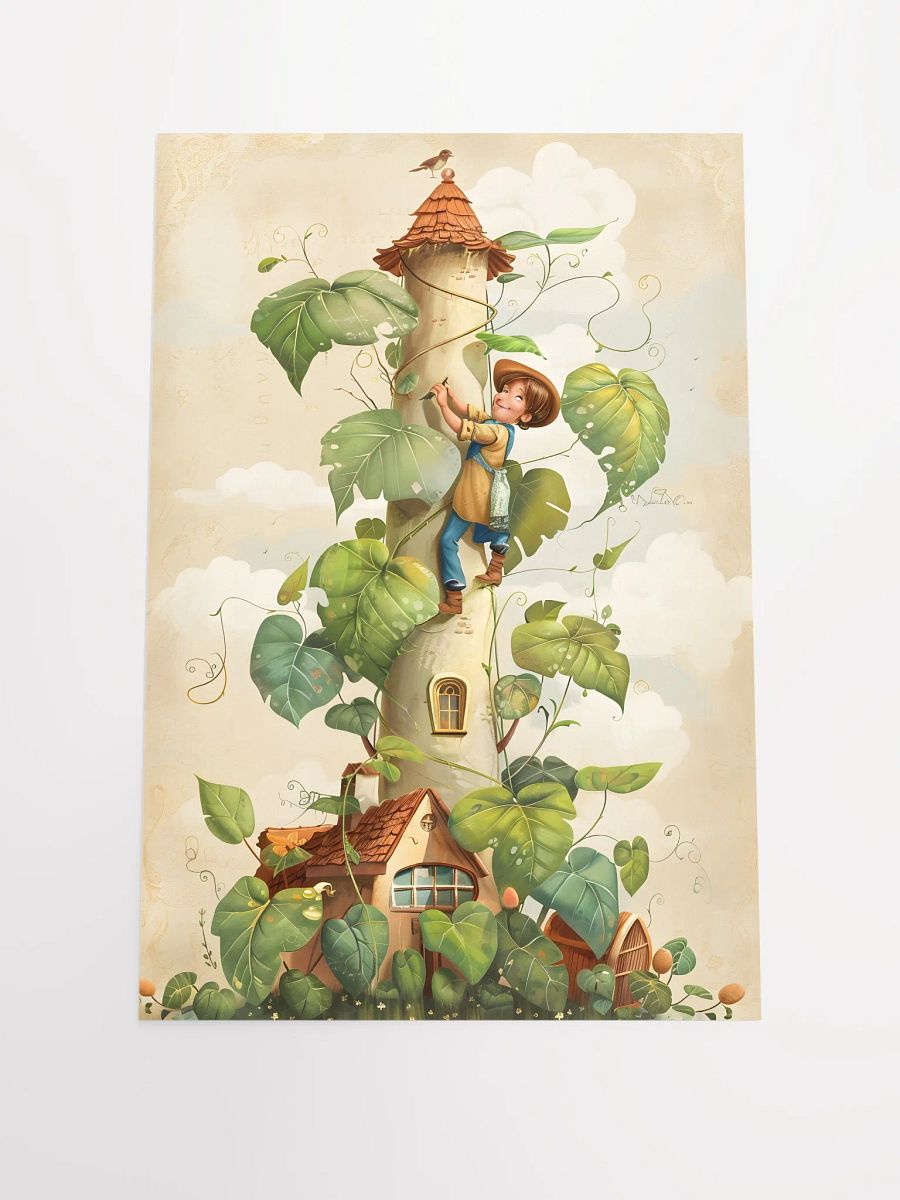 Boy climbing a tall beanstalk toward a cozy small house product image (1)