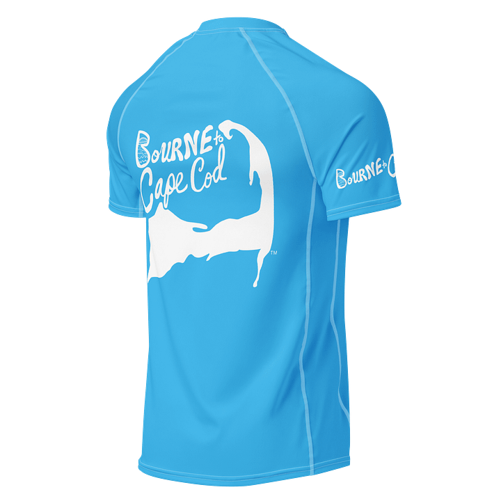BRN.2C.C.™/BOURNE to Cape Cod™ | Men’s Performance Rash Guard | Recycled UPF 50+ Surf Shirt | White Logos on Deep Sky Blue product image (2)
