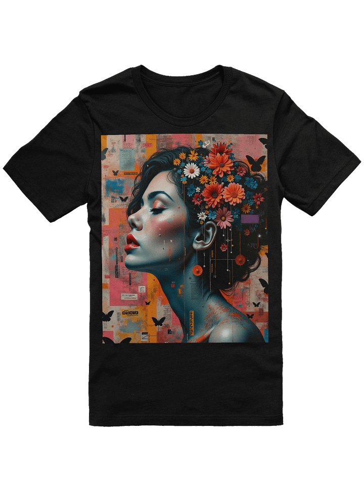 Modern Surreal Portrait T-Shirt with Floral Crown and Butterflies product image (1)