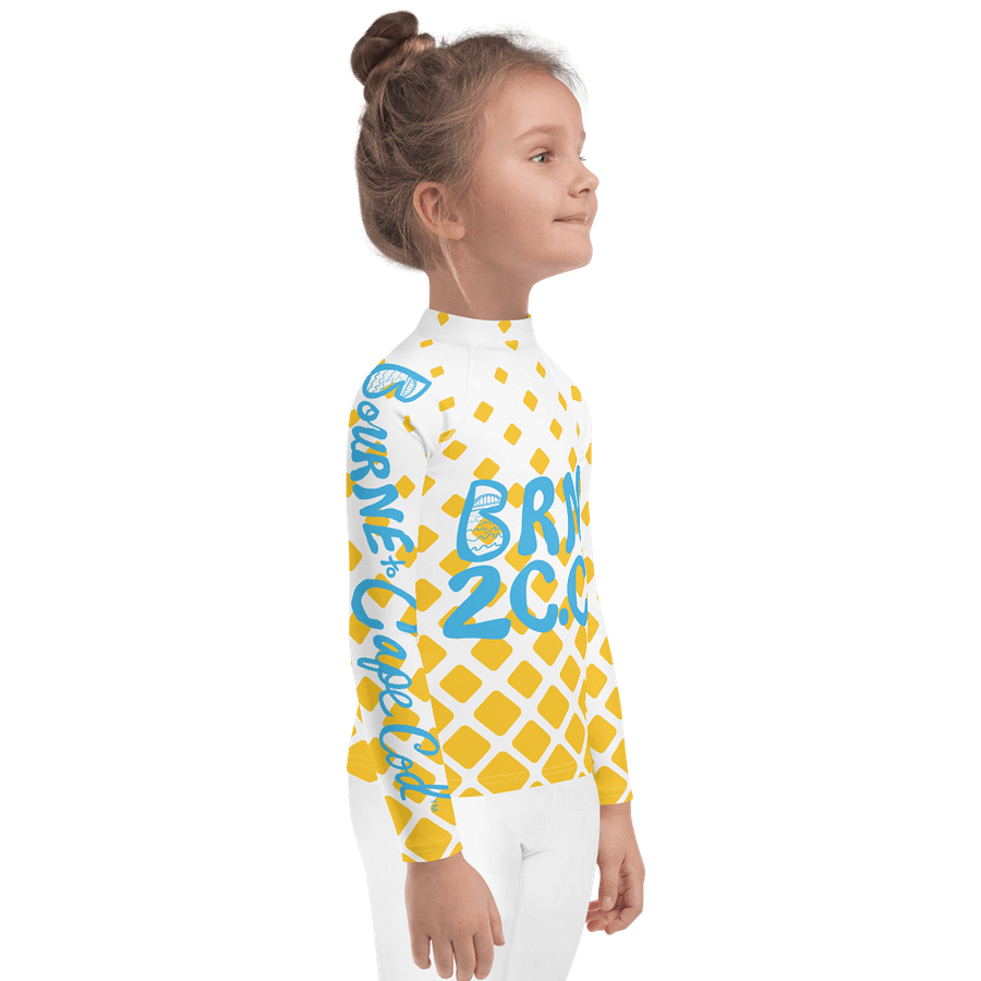 Girls' | Kids | Rash Guard | BRN.2C.C.™ Front Print | BOURNE to Cape Cod™ Back & Sleeve Logo | Coastal UV Shirt for Active Kids | Slim Fit Swim Top | Blue Logo on Retro Mod Yellow Diamonds product image (4)