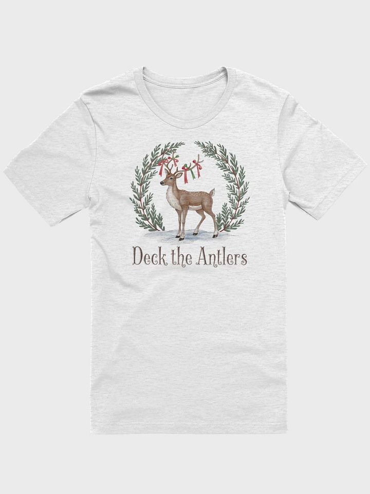 “Deck the Antlers” t-shirt, Holiday-themed t-shirt, Whimsical deer graphic tee, Festive winter apparel, Charming Christmas design, Cozy holiday outfit, Unique gifts for animal lovers, gift idea product image (1)