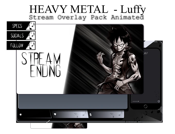 Dark Anime Stream Overlay Pack, One Piece Overlay, Heavy metal twitch overlay, Dark Anime Overlay, Black white stream overlay animated product image (1)
