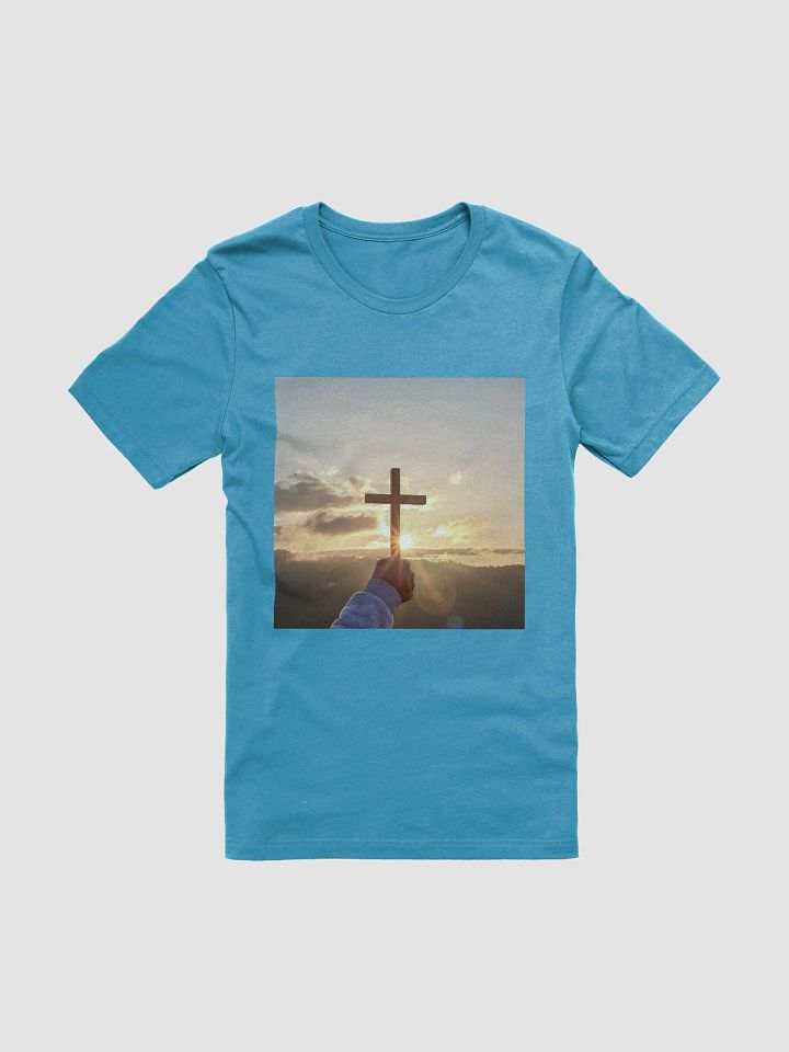 Wooden cross being held up against the backdrop of a sunrise t-shirt product image (1)
