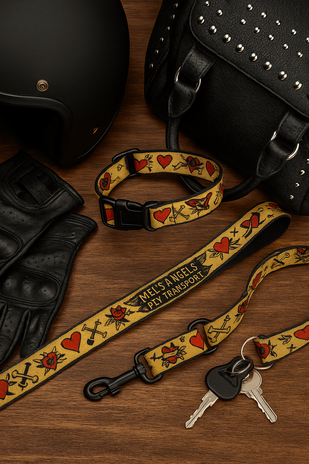 Mels Angels Pet Transport Dog Collar & Leash Set – Vintage Tattoo Flash Biker Style, Adjustable & Durable product image (2)