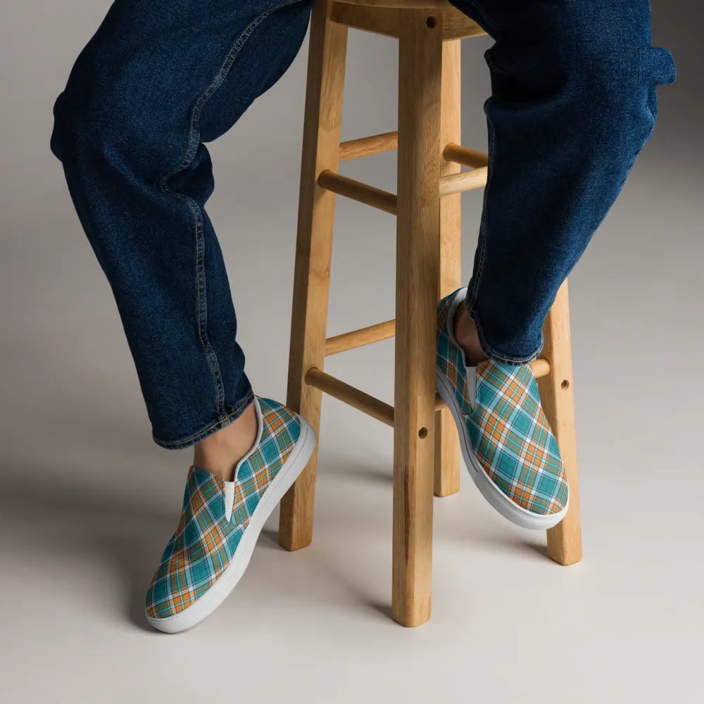 Turquoise and Orange Sporty Plaid Men's Slip On Shoes product image (7)