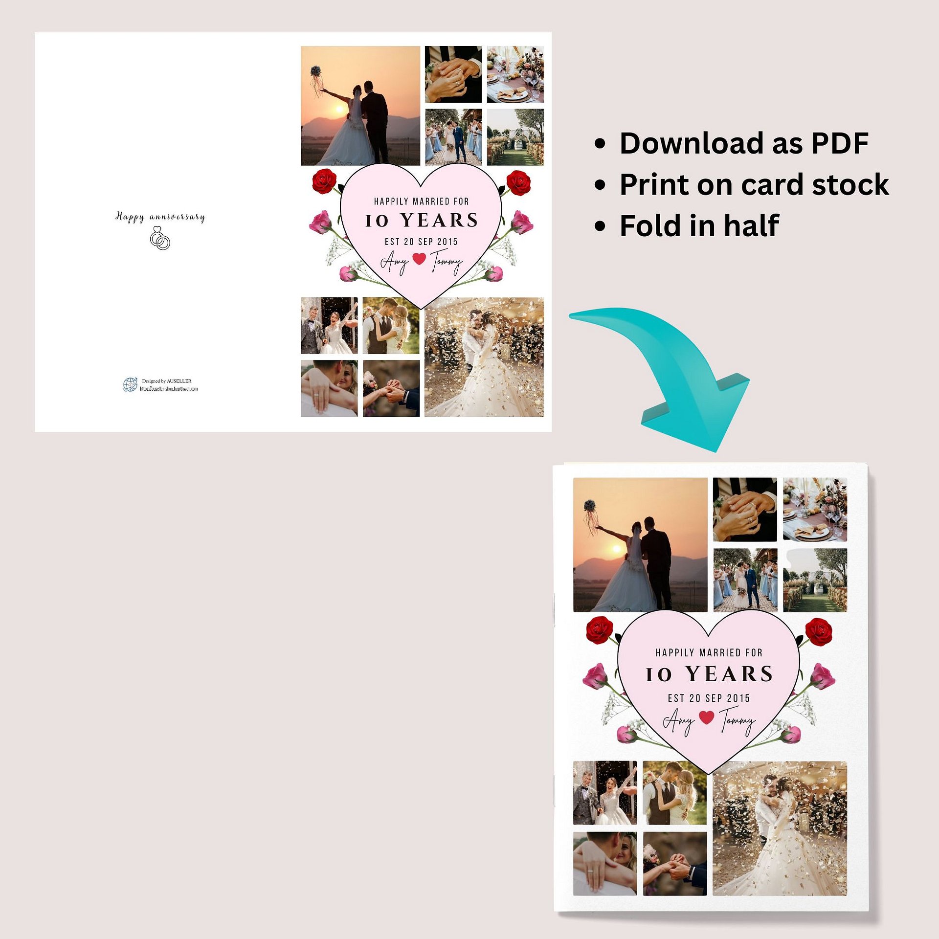 Pink Heart With Roses Anniversary Photo Card Template product image (8)