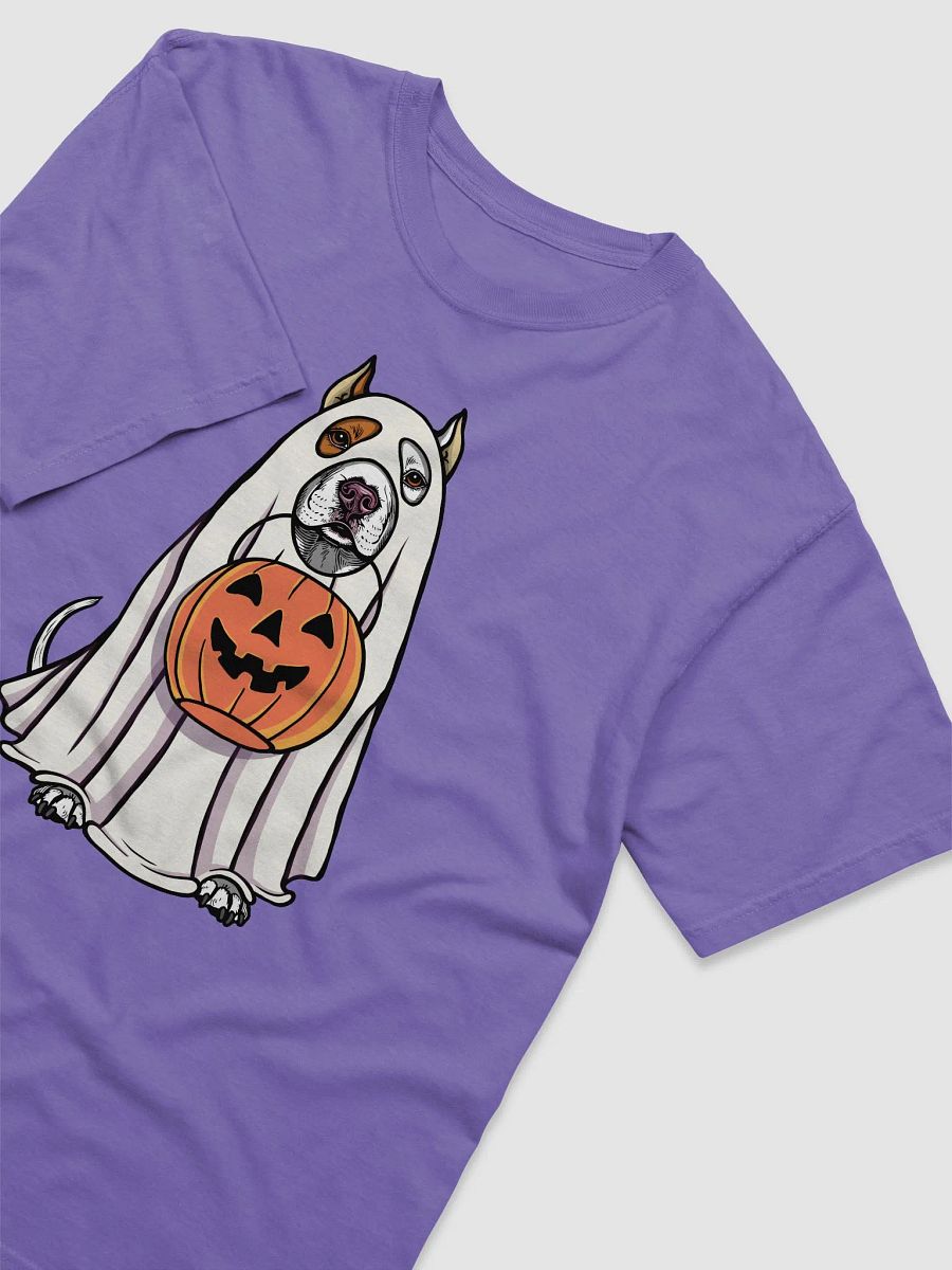 Funny Halloween Pitbull Terrier(Cropped Ears, White) T-Shirt | Funny Pittie Wearing a Ghost Costume and Holding a Pumpkin Basket product image (29)
