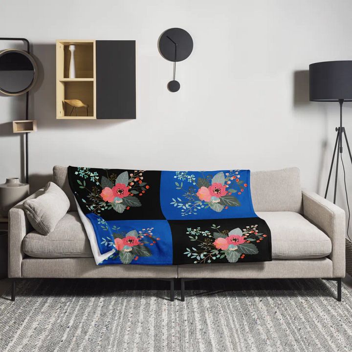 Flower on Black and Blue Pattern Throw Blanket | Floral Pattern Blanket product image (1)