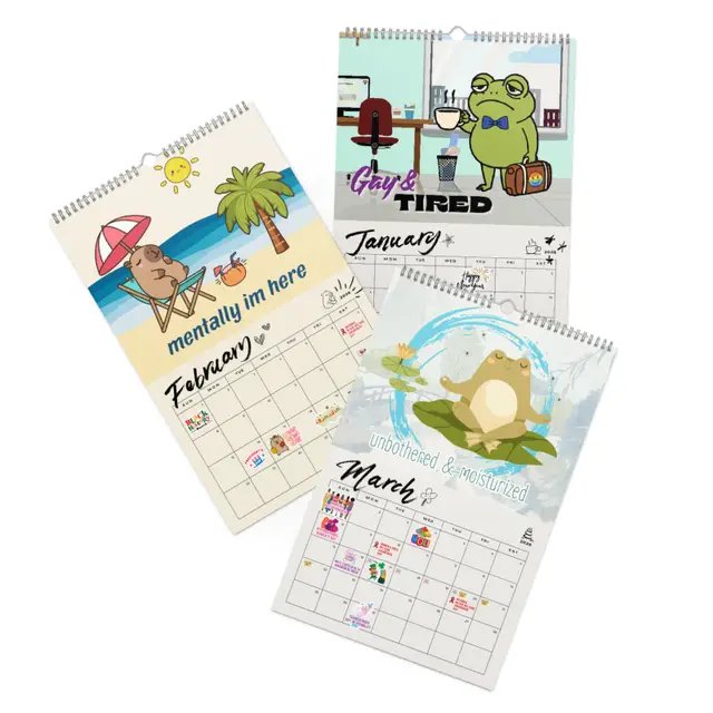 The 2026 LGBTQ+ Pride & Cultural Celebration Calendar is here! Featuring unique Froot in the Room designs, and over 90 United States and international occasions are commemorated. Every month features charming, inclusive art—from the tired Gay & Tired frog to the dancing 