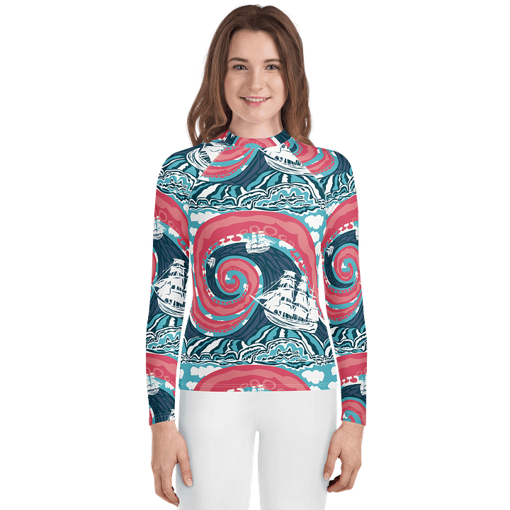 Girls' | YOUTH | Rash Guard | Kraken Vibes, Nautical Adventure | Coastal Swim Shirt for Kids | UV Protection Activewear product image (1)