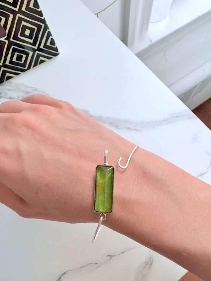 ⚡ Electric Tide Bangle | 7.25" Silver-Plated Wire Bracelet with Bright Green Rectangle Charm | Handmade Coastal Charm Jewelry by Monique Faella Designs™ | MFD-00179 product image (2)