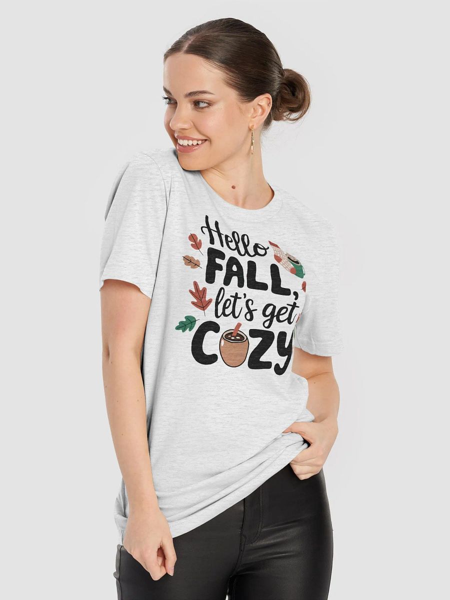 Hello FALL, let’s get COZY” t-shirt, Unique fall fashion, Cozy knit illustrations, Fun gifts for autumn lovers, Autumn-inspired t-shirt, Cozy vibes apparel, Playful motivational message, gift idea product image (8)