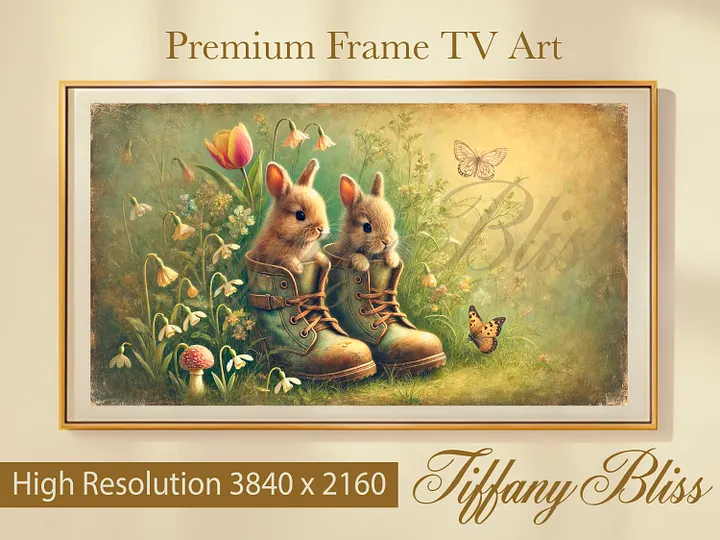 Samsung Frame TV Art, Neutral Spring Easter Bunny Boots Painting, Wallpaper, Screensaver, Digital Download product image (1)