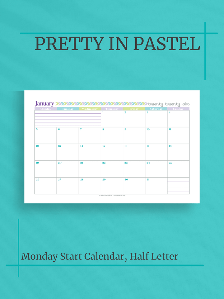 Pretty in Pastel 2026 Calendar - Single Page per Month, Monday Start, Half Letter Size product image (1)