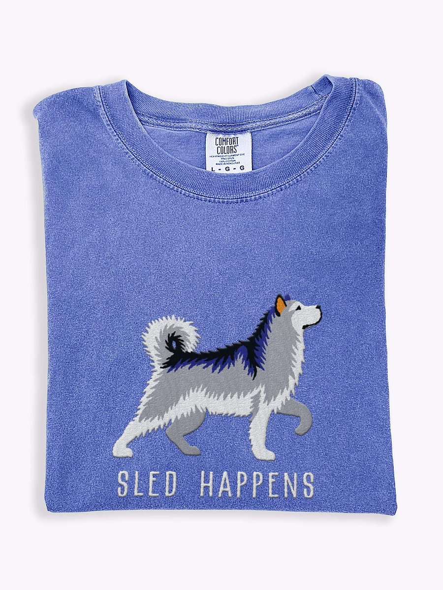 Sled Happens T-Shirt(Embroidered) of an Alaskan Malamute(Gray & White) product image (1)