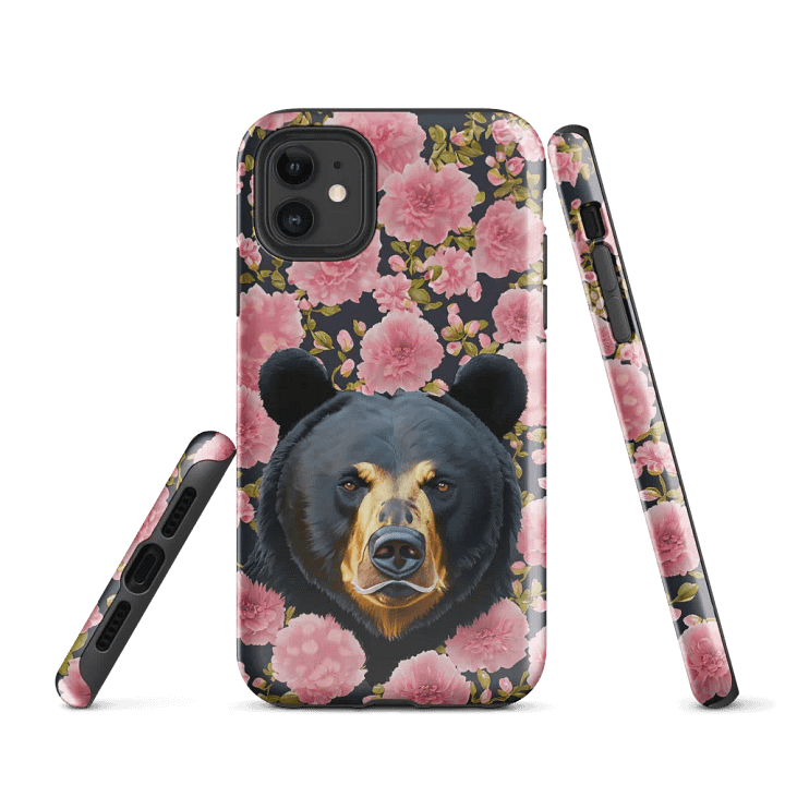Black Bear with Pink Flowers Tough Case for iPhone product image (1)