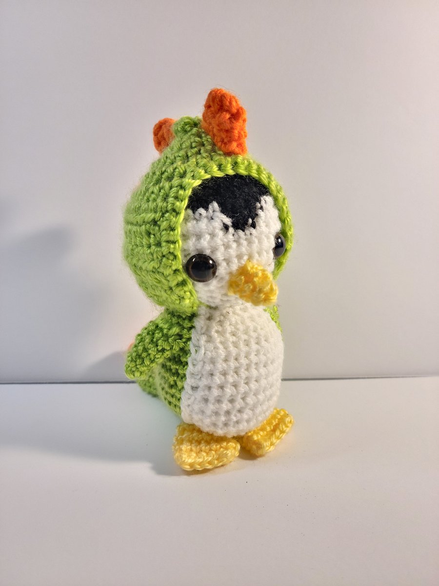 Handmade Amigurumi Penguin in Dinosaur Costume Stuffed Animal product image (1)