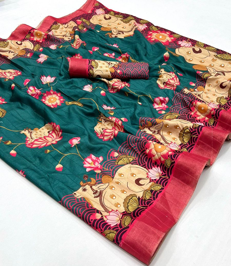 Soft Handloom Silk beautiful kalamkari flowers Print Designer Saree product image (5)