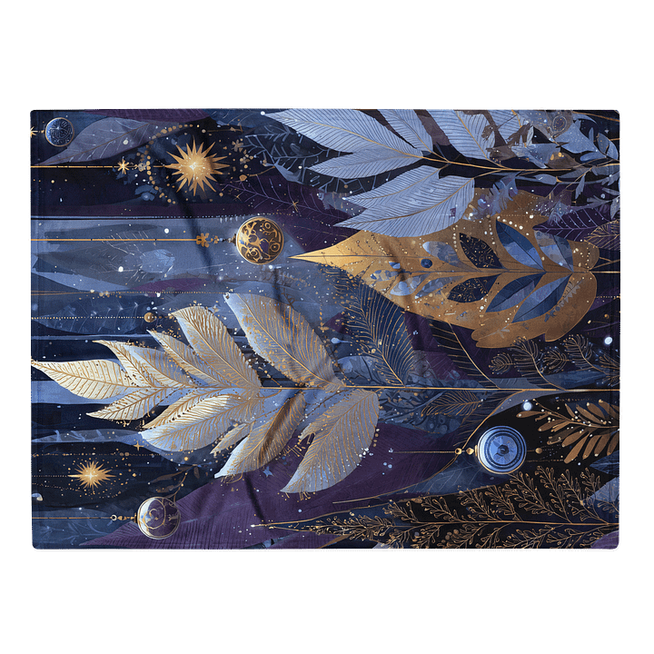 Celestial Forest Throw Blanket | Midnight Blue Gold Feather Fantasy Fleece | Mystical Botanical Home Decor product image (2)