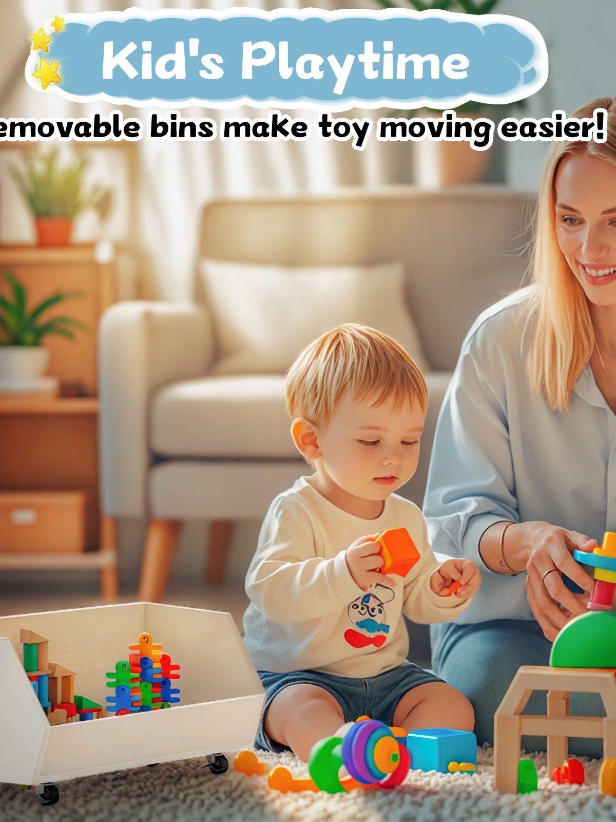 3-Tier Portable Toy Storage, Kids Toy Organizer W/2 Removable Bins with 4 Wheels（White) product image (3)