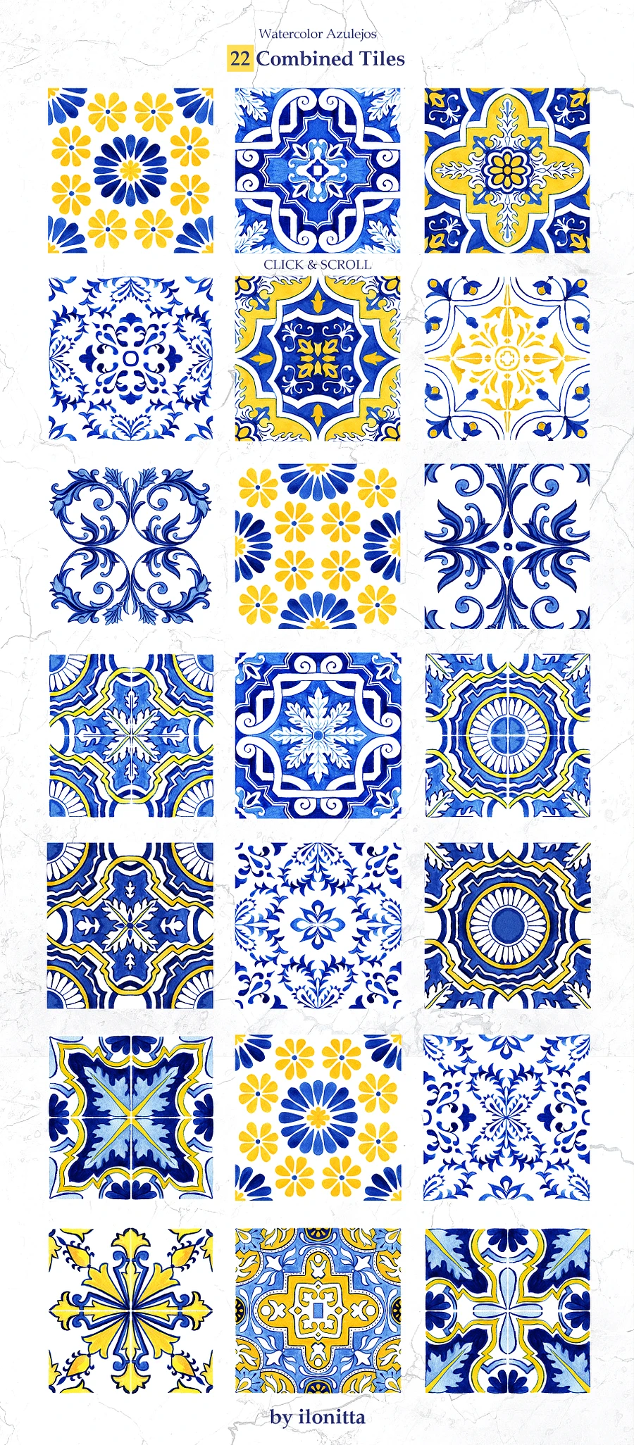Portuguese Azulejos Tiles & Patterns Watercolor Clipart and Seamless Patterns BUNDLE product image (5)
