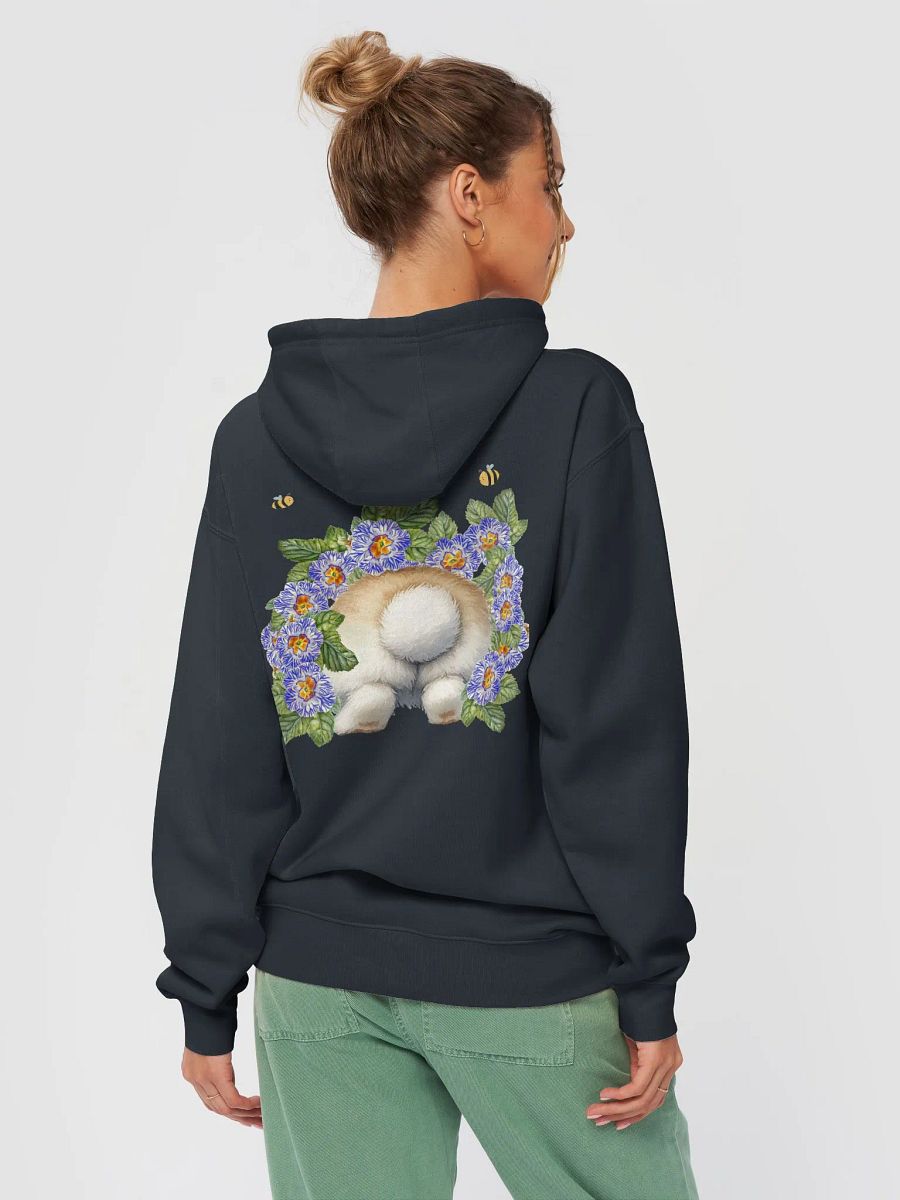 Garden Whispers: Bunny and the Primula Zebra Blues Unisex Hoodie | Double-Sided Design, Ultra Soft, Relaxed Fit product image (4)