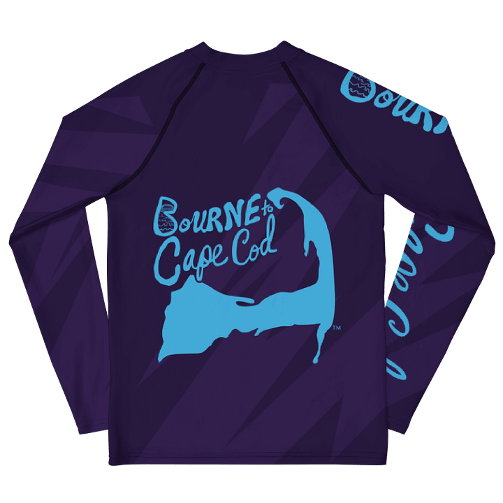 YOUTH | Rash Guard | BRN.2C.C.™ Front Graphic | BOURNE to Cape Cod™ Sleeve & Back Logo | Coastal Swim Shirt for Kids | UV Protection Activewear | Blue Logo on Purple Bolts product image (2)