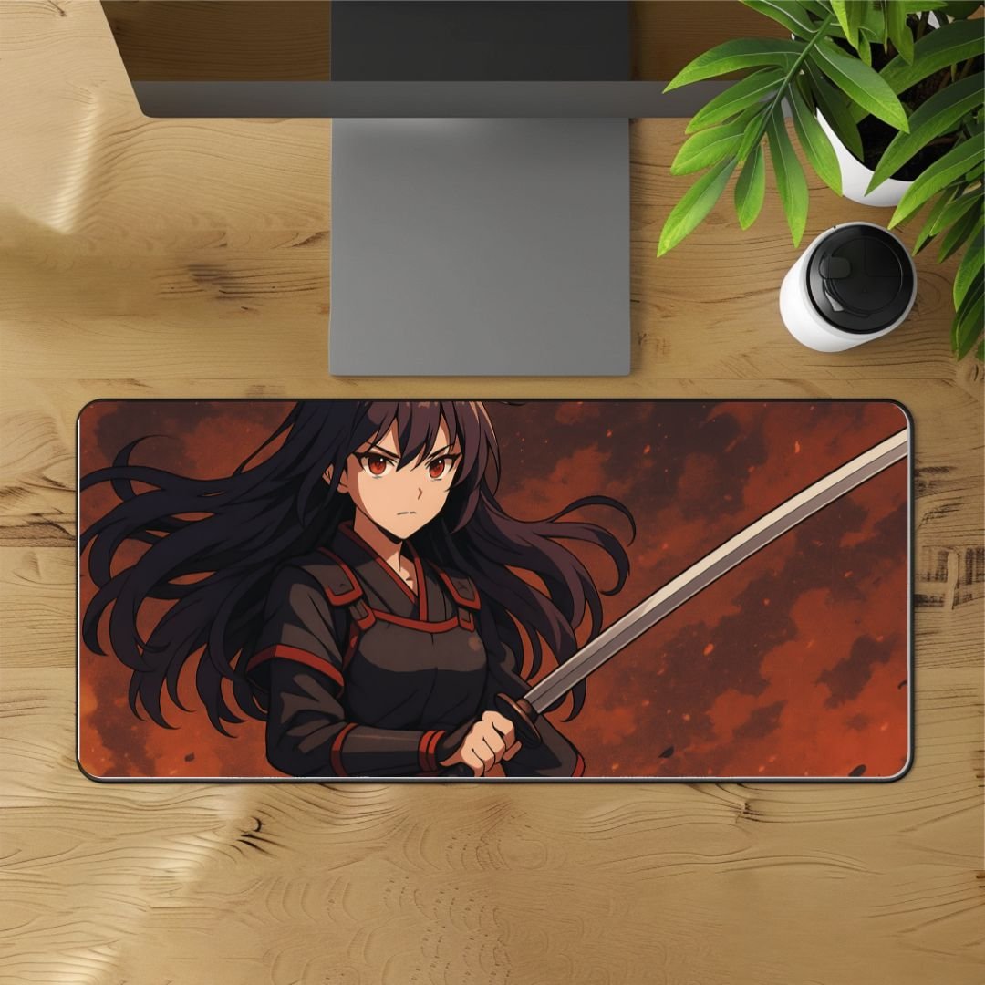 Crimson Blade Warrior – Anime Samurai Desk Mat (12" x 22") product image (1)