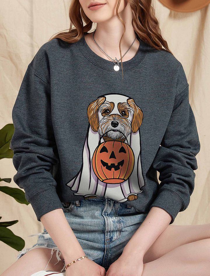 Funny Halloween Havanese(Brown & White) Sweatshirt | Funny Havanese Wearing a Ghost Costume and Holding a Pumpkin Basket product image (5)