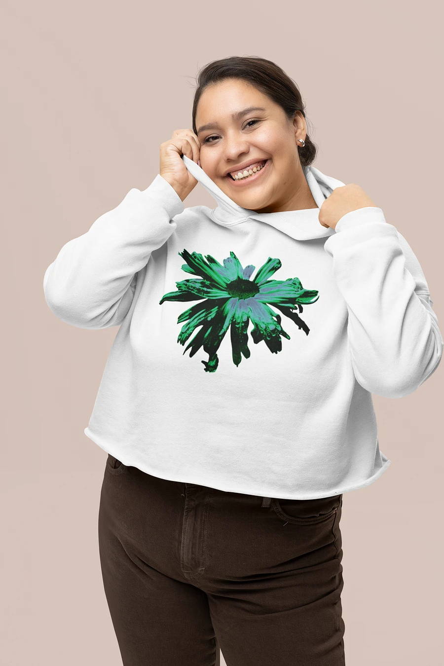 Abstract Green Floating Daisy Women's Cropped Fleece Pull Over Hoodie product image (1)