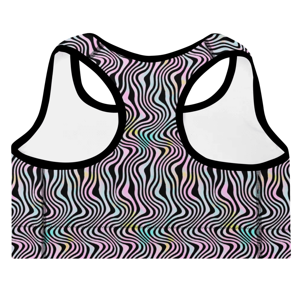 Padded sports bra in wavy pink black and turquoise design product image (8)