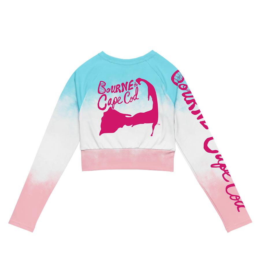 BOURNE to Cape Cod™ Crop Top | BRN.2C.C.™ Coastal Bold | Recycled Long Sleeve Statement Wear 🌊💃☀️ | Vibrant Pink Logos on Patriotic Pastels product image (6)