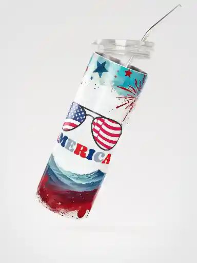 Patriotic 4th of July Tumbler Wrap | America Sunglasses Sublimation PNG | Red White Blue Fireworks 20oz Skinny Tumbler Design product image (2)