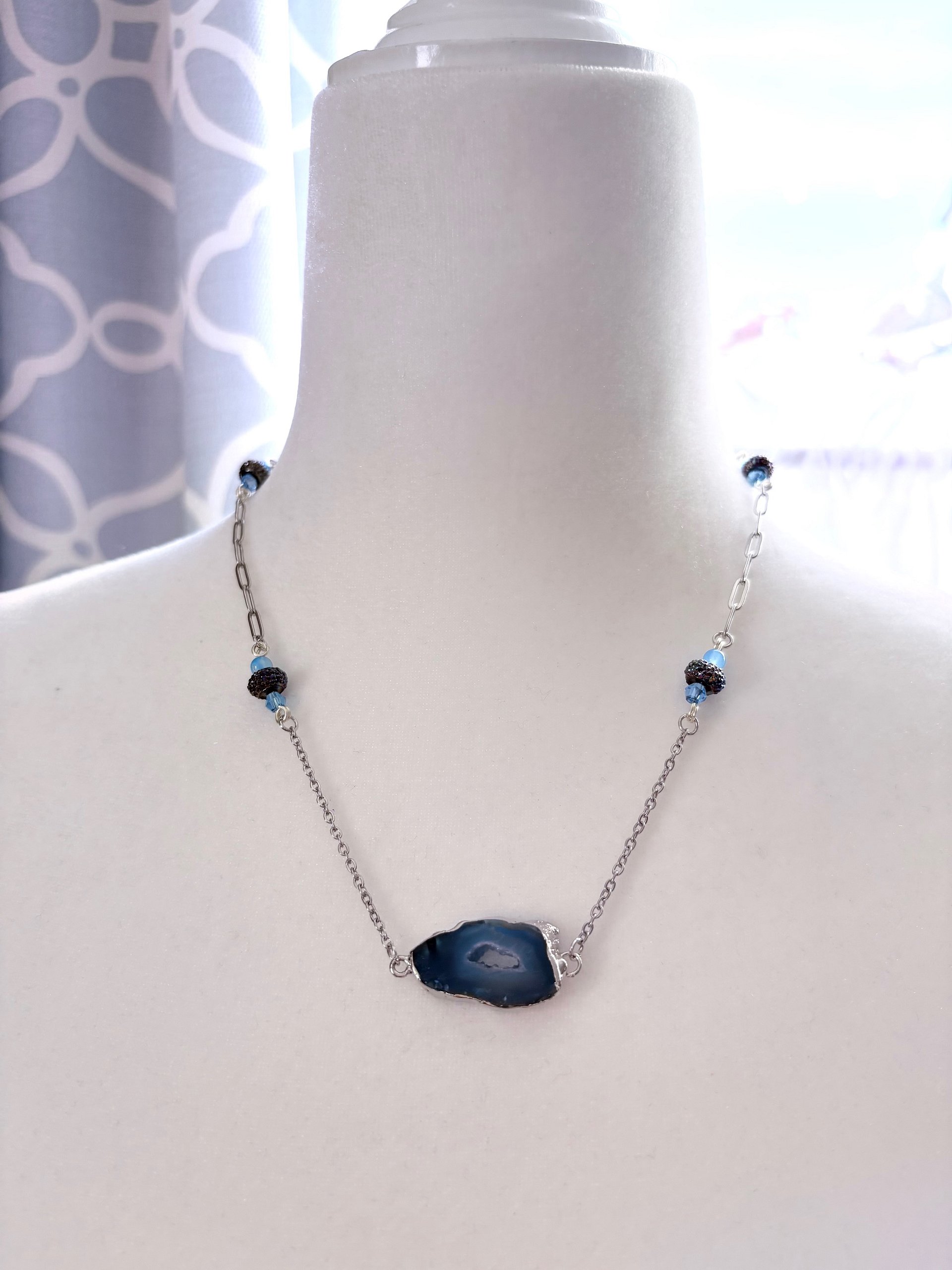 MFD-00267 | Blue Geode Druzy Pendant Necklace with Stainless Steel Link Chain and Paperclip Chain | December Birthstone Inspired | Handmade Jewelry by Monique Faella Designs™ product image (2)