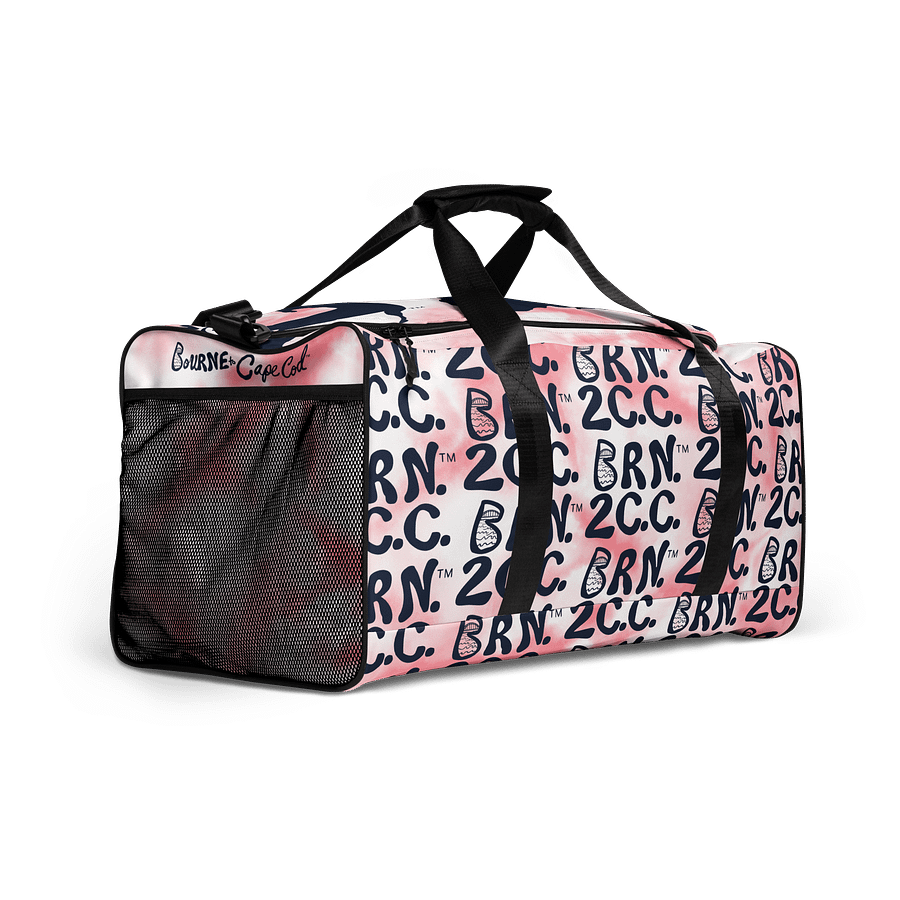 BOURNE to Cape Cod™ | Duffle Bag | BRN.2C.C.™ | Coastal Gym & Travel Gear | 22" All-Over Print Weekender | Navy Blue Logos on Pink Tie-Dye product image (2)