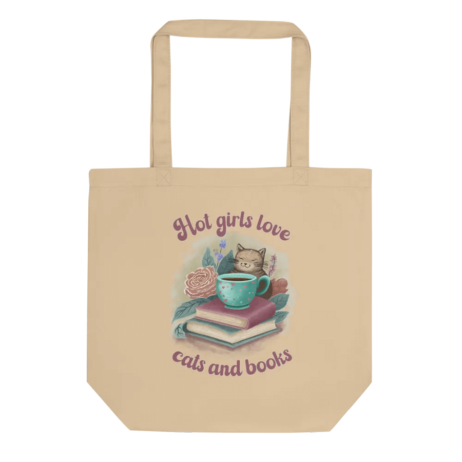 Hand-drawn cat floral canvas tote bag, Gift for a book lover - Hot Girls Love Cats and Books product image (3)
