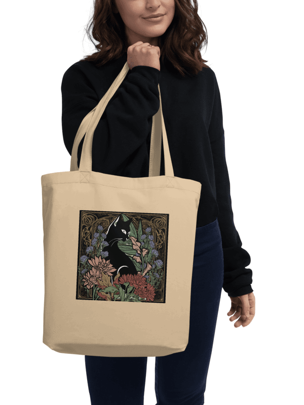 Custom Drawn Art Nouveau Black Cat With Flowers Eco-Friendly Canvas Tote Bag product image (2)