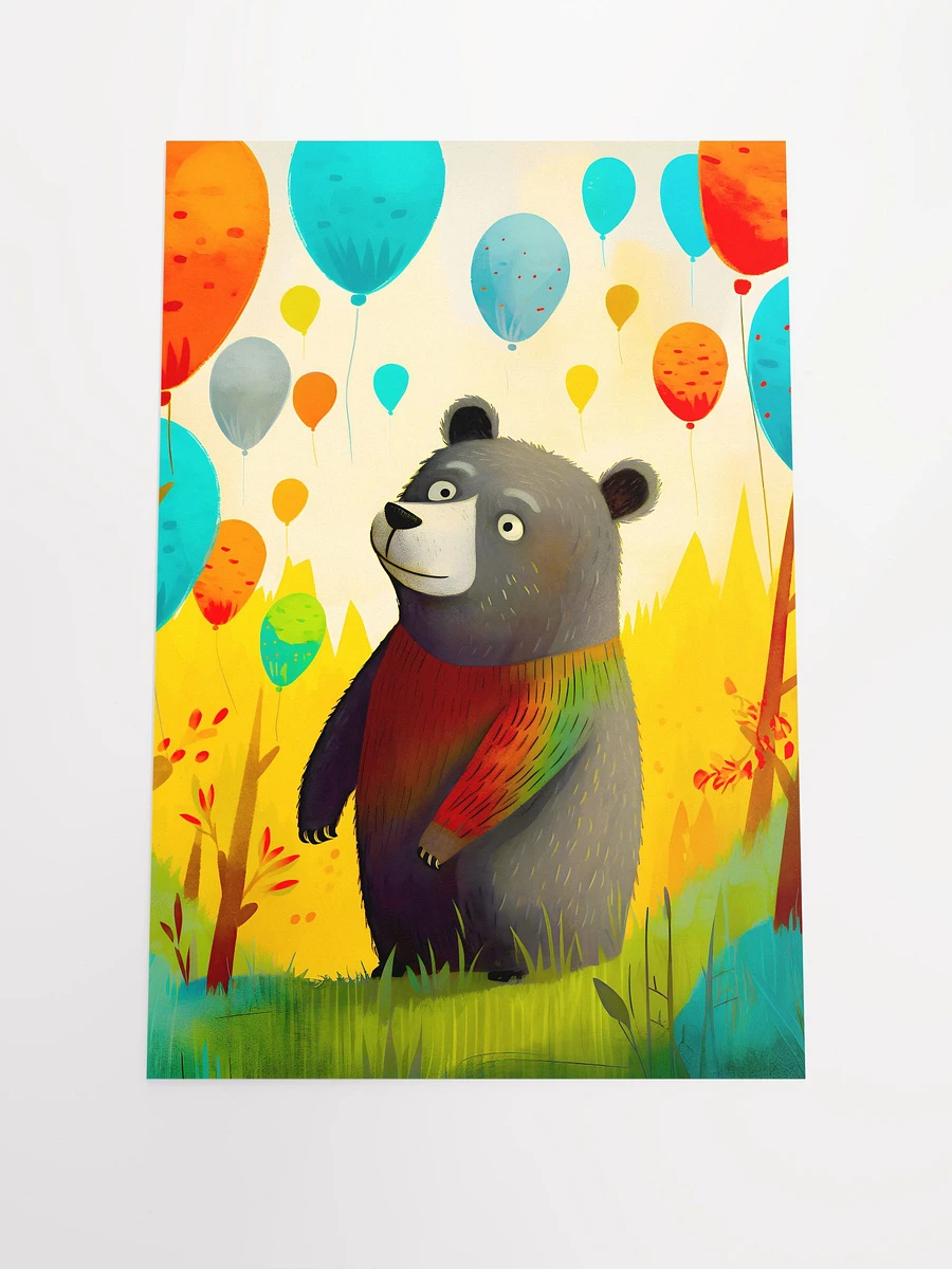 Baby Bear Admiring a Sky of Cheerful Colorful Balloons in a Bright Forest Matte Poster product image (3)