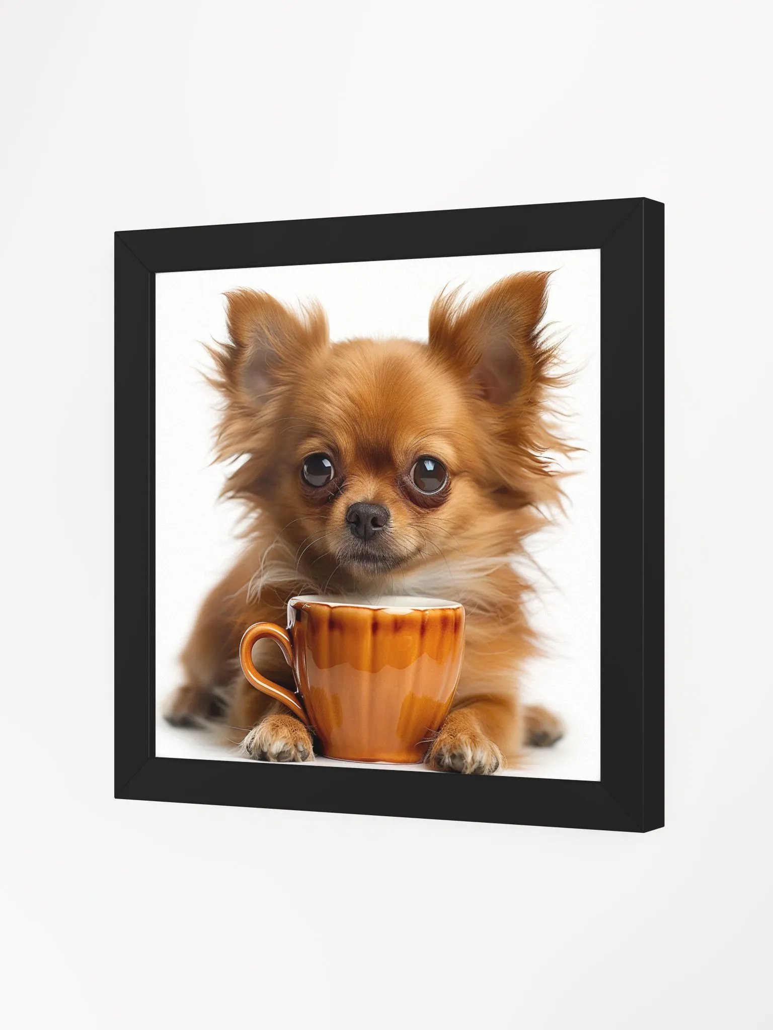 Coffee Lover Cute Tan Long Haired Chihuahua Puppy Framed Wall Art product image (4)