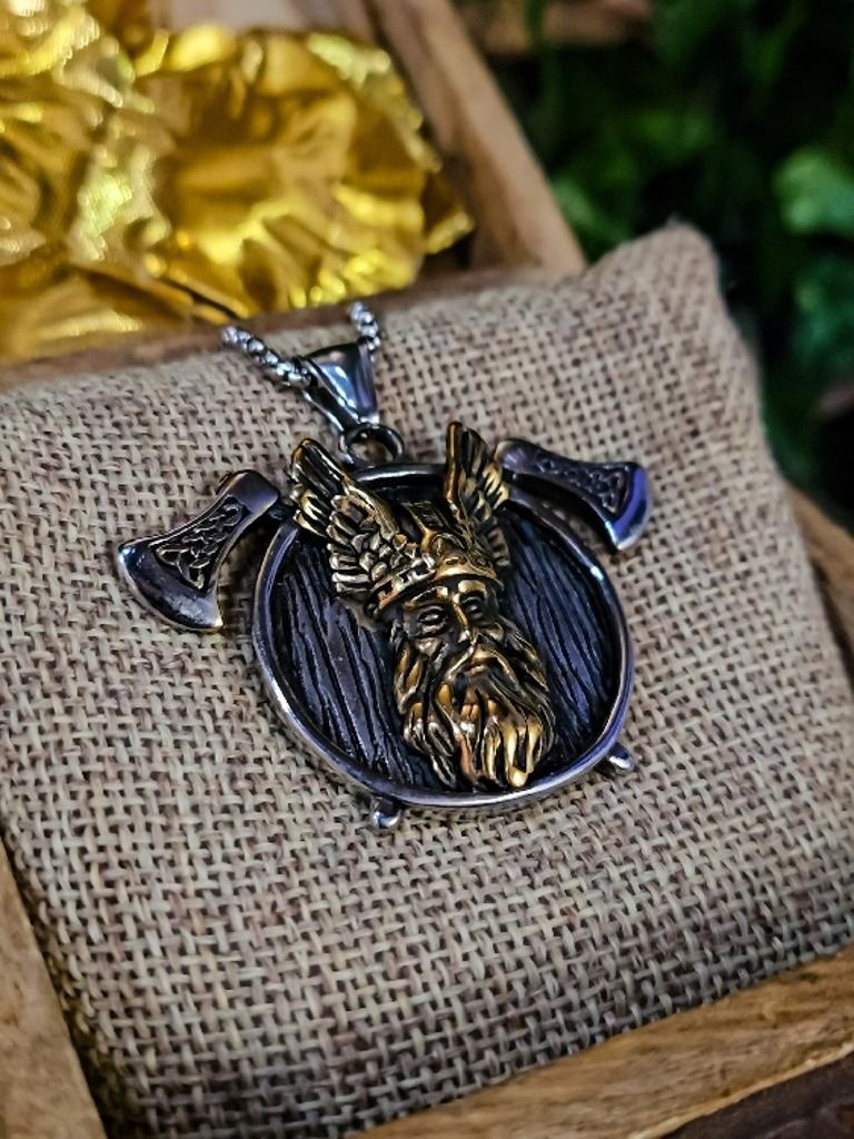 The Armored Kingdom Twin Axe Golden Norse King Necklace product image (2)