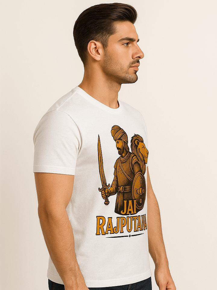 Samrat Royal Collection Rajputana Warrior Printed Men's White Cotton T-shirt | Regular Fit | Heritage Design product image (2)
