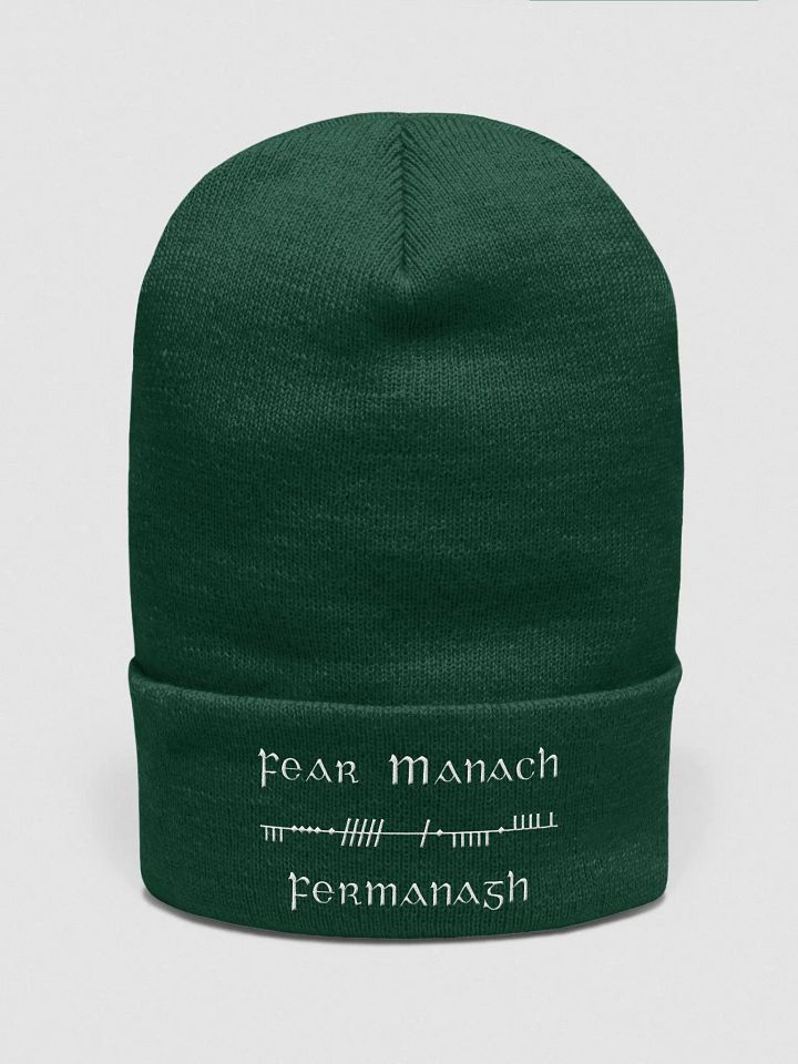 Fermanagh/Fear Manach, Green with white, Scholastic style Ogham embroidered Cuffed Beanie product image (1)