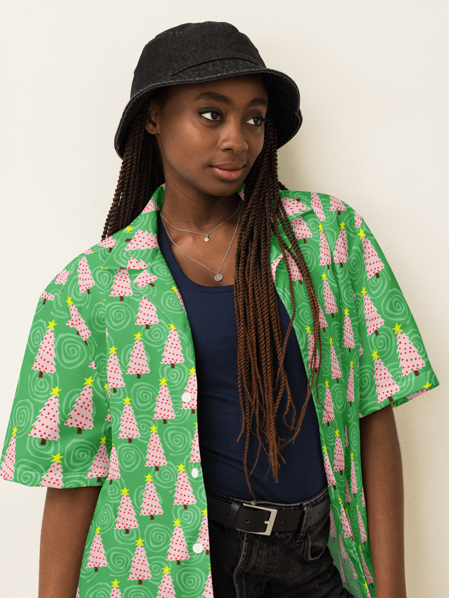 Pink Christmas Trees on Mint Green Oversized Button-Down Shirt product image (11)