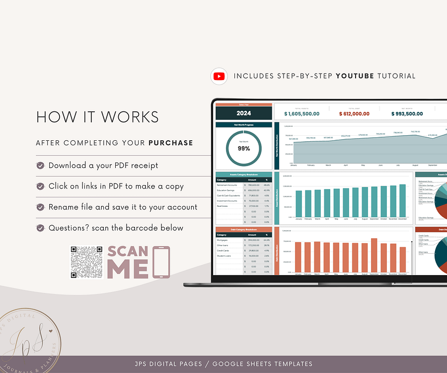 Net Worth Tracker Template, Multi-Year Dashboard Spreadsheet, Google Sheets Template, Net Worth Yearly Calculator, Investment Tracker product image (10)