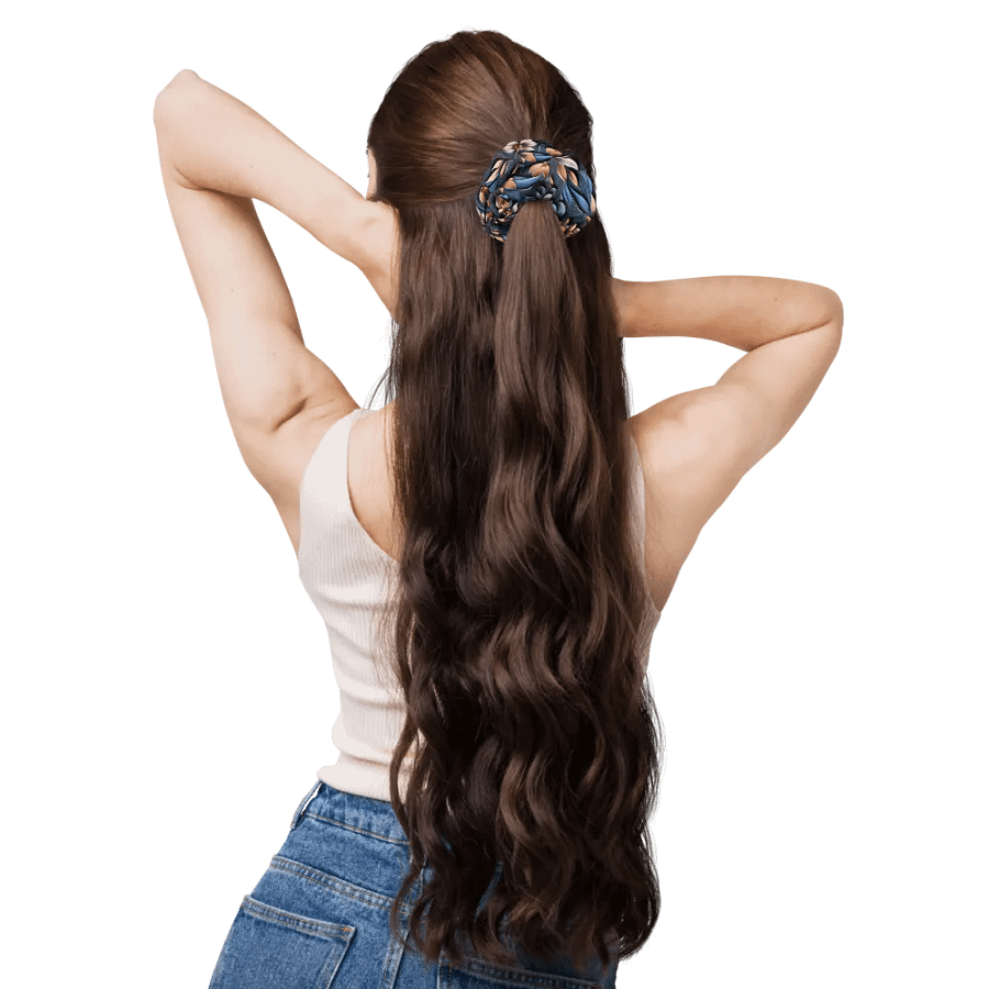 Hair Scrunchie - Sculpted Floral Pattern of Yellow-Brown Flowers on Textured Blue Background product image (11)
