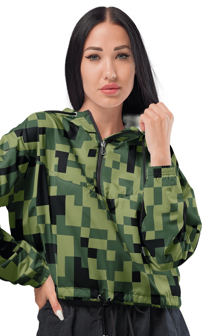 Military Green Camouflage Pixels Camo Pattern Women's Cropped Windbreaker product image (1)