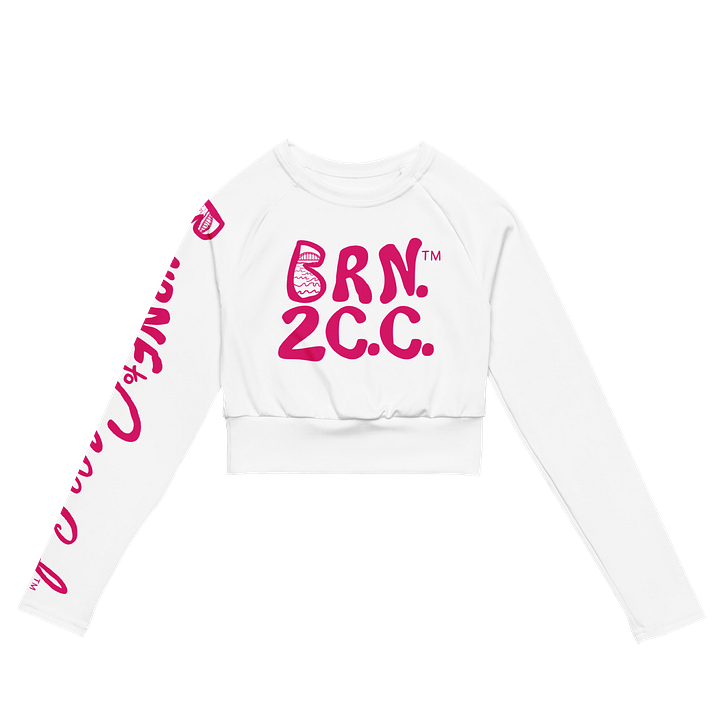 BOURNE to Cape Cod™ Crop Top | BRN.2C.C.™ Coastal Bold | Recycled Long Sleeve Statement Wear 🌊💃☀️ | Vibrant Pink Logos on White product image (2)