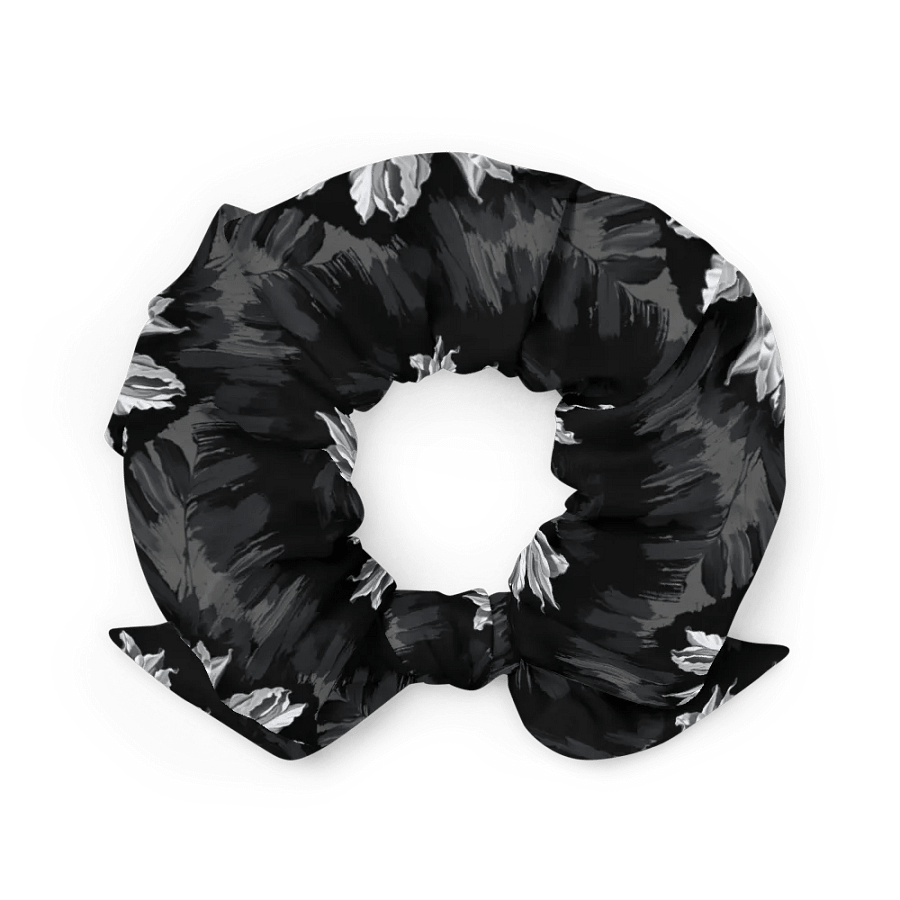 Hair Scrunchie - Painted Gray Flowers on a Black Background product image (3)