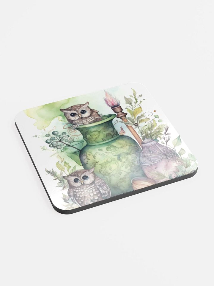 Glossed Cork Coaster 🦉 Peaceful Green Theme - Owls Vibes - Motif 2 product image (2)